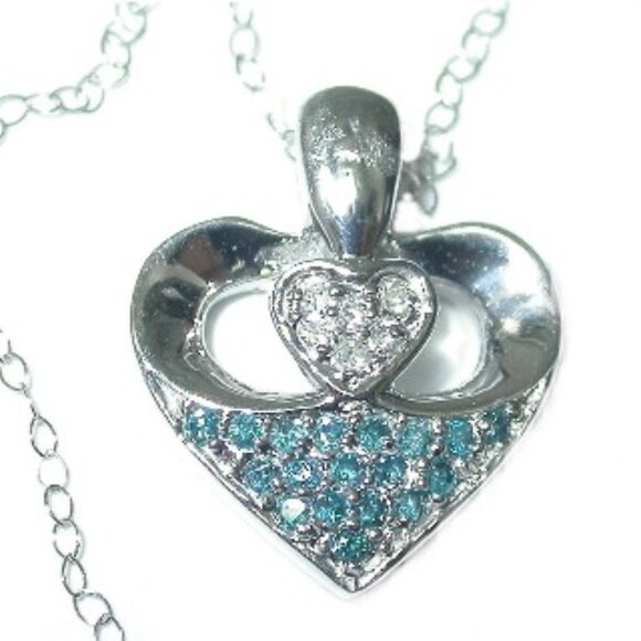 14Kt White Gold 1/4-Carat Blue & White Diamond Heart Pendant with 10Kt Chain - Picture 1 of 6